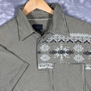 686 Mens Technical Polo Shirt Medium Green Stripe Graphic Snap Placket Pocket